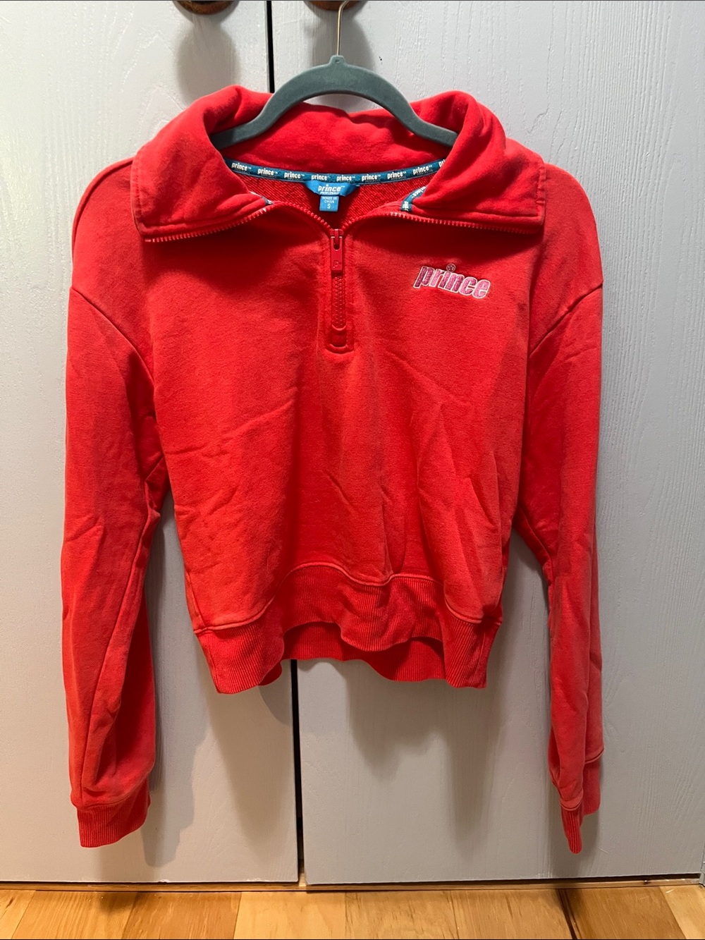 Prince Bright Red/Pink Cropped Quarter-Zip Sweatshirt
